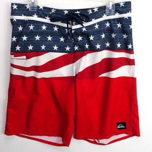 Quiksilver Board Shorts Mens 32 American Flag Swim Trunks Red White Blue